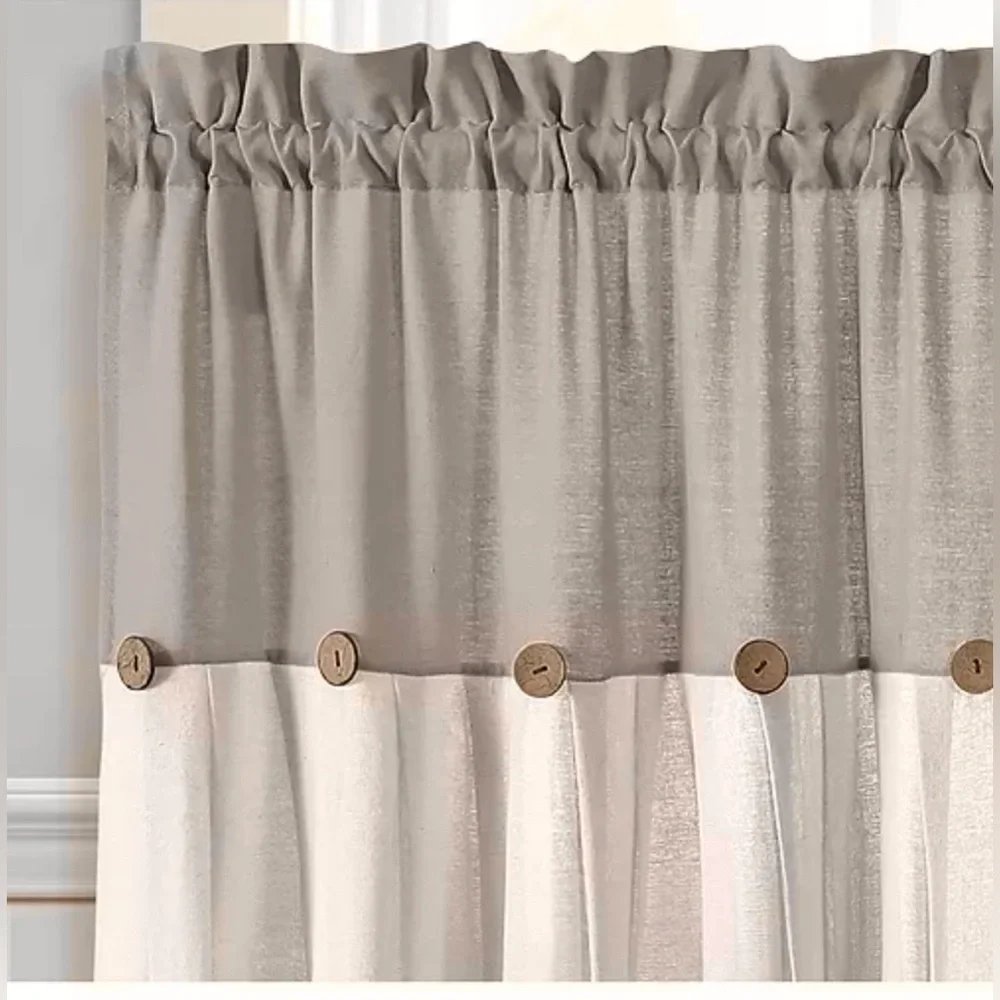 NWT Lush Decor, Linen Button Farmhouse Tier Curtain Set, Taupe and White